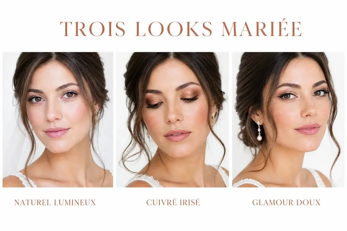 Maquillage pour mariée brune avec trois inspirations de looks : naturel lumineux, cuivré irisé et glamour doux