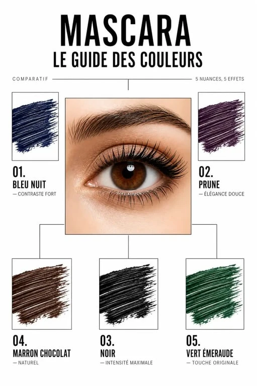 Quelle couleur de mascara pour yeux marrons : comparaison visuelle des teintes bleu, prune, noir, marron et vert sur un œil marron