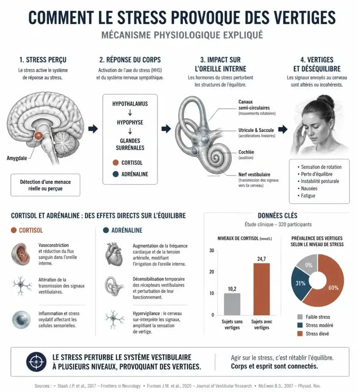 Schéma explicatif du lien entre stress et vertiges et fonctionnement du système vestibulaire