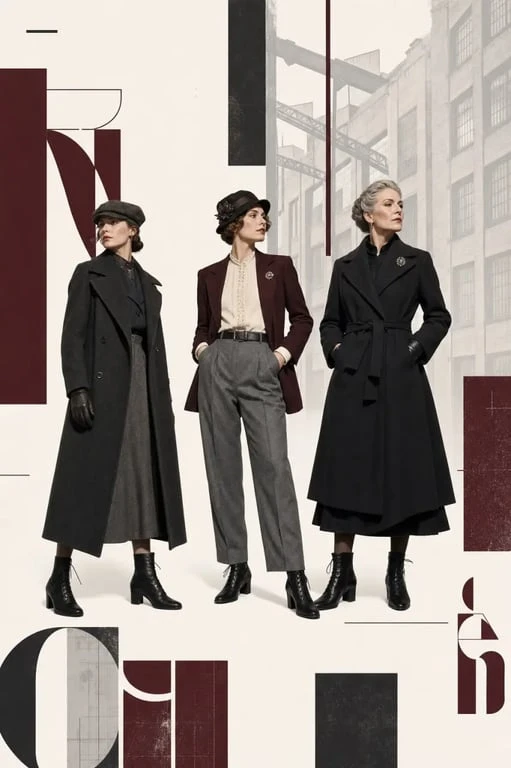 Tenue Peaky Blinders femme en lookbook éditorial avec manteau sombre, casquette plate et accessoires vintage