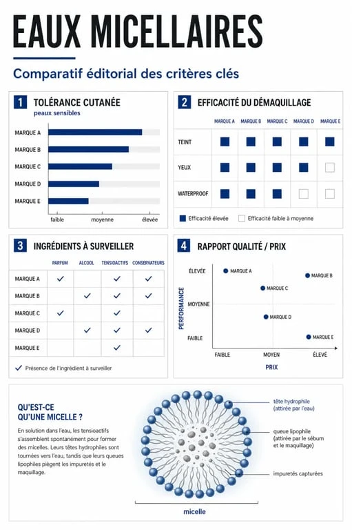 Comparatif pour choisir l’eau micellaire meilleure selon peau sensible, démaquillage et composition