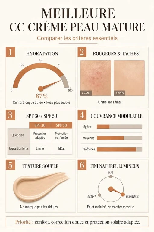 Meilleure cc crème pour peau mature : infographie comparative des critères de choix