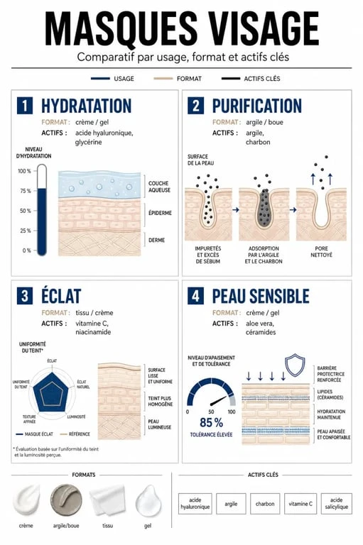 Meilleurs masques visage : comparaison des formats, besoins de peau et actifs clés