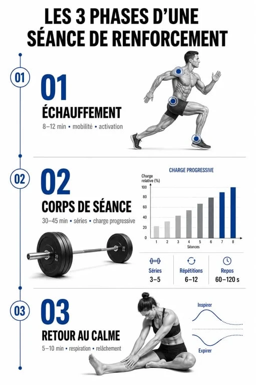 Infographie des étapes d'une séance de renforcement musculaire efficace