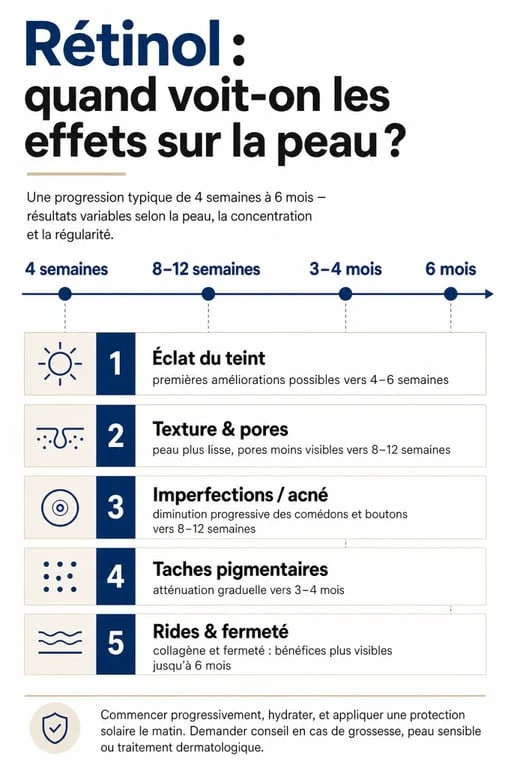 Rétinol effet en combien de temps : timeline des premiers résultats sur l’éclat, la texture, les taches et les rides