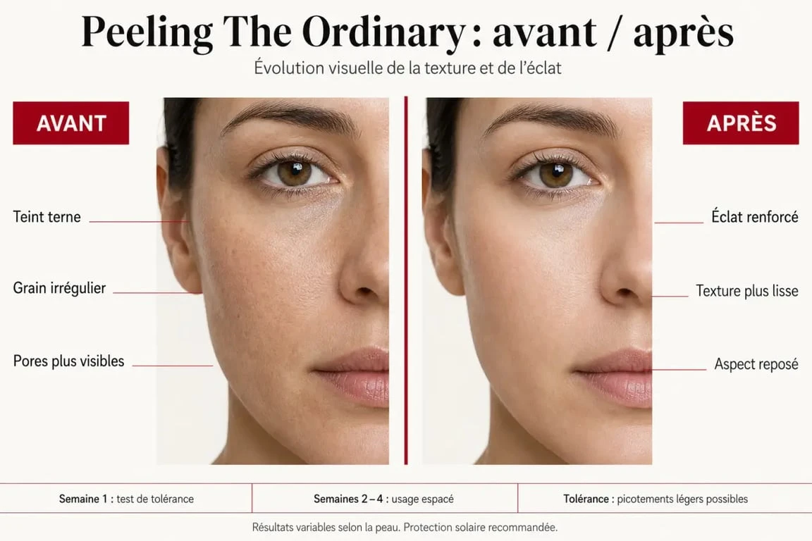 Peeling the Ordinary avant apres : comparaison visuelle d’une peau avant et après utilisation