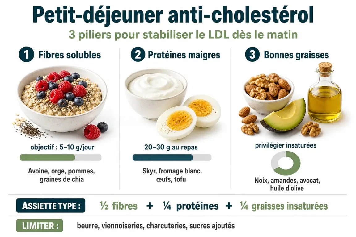 Infographie sur la composition d'un petit-déjeuner anti-cholestérol équilibré