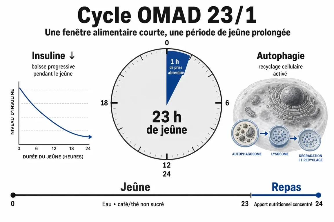 Infographie explicative du jeûne OMAD 23/1 et ses effets métaboliques sur le corps