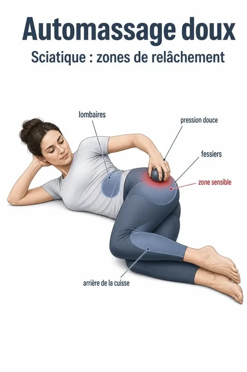 Massage nerf sciatique : illustration d’automassage doux des lombaires et des fessiers