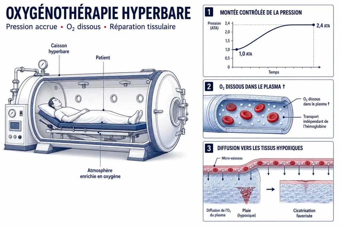 Les bienfaits du caisson hyperbare illustrés par un schéma sur la pression, l’oxygène dissous et la cicatrisation