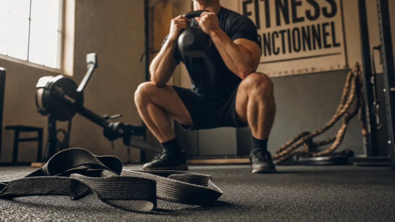 Fitness fonctionnel : squat avec kettlebell, force et équilibre