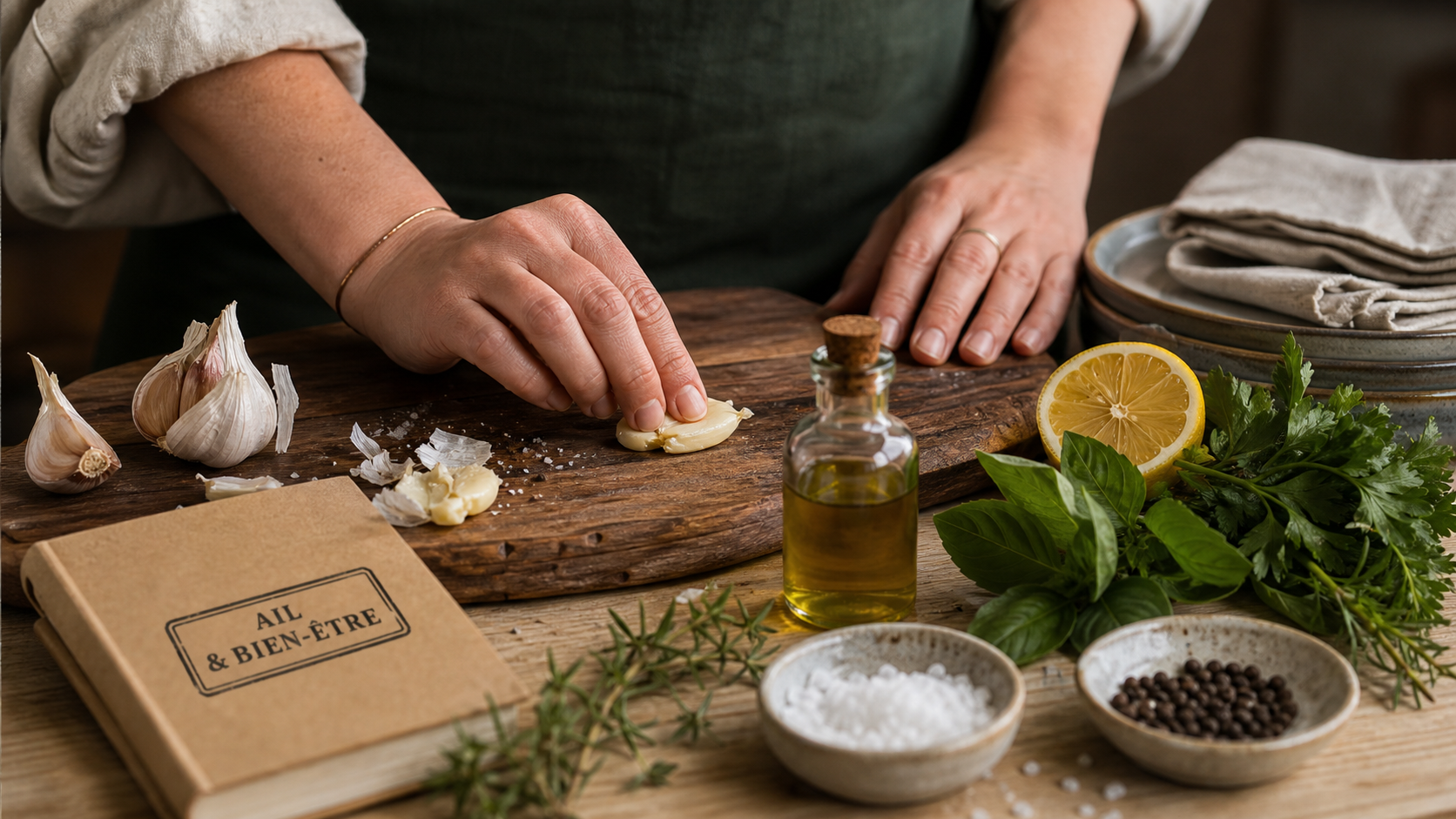 Les vertus de l ail chez la femme : gousse d’ail, huile d’olive et citron sur table