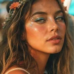 Maquillage hippie : teint lumineux et yeux turquoise irisés