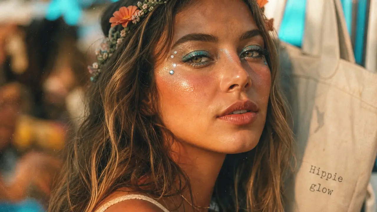 Maquillage hippie : teint lumineux et yeux turquoise irisés