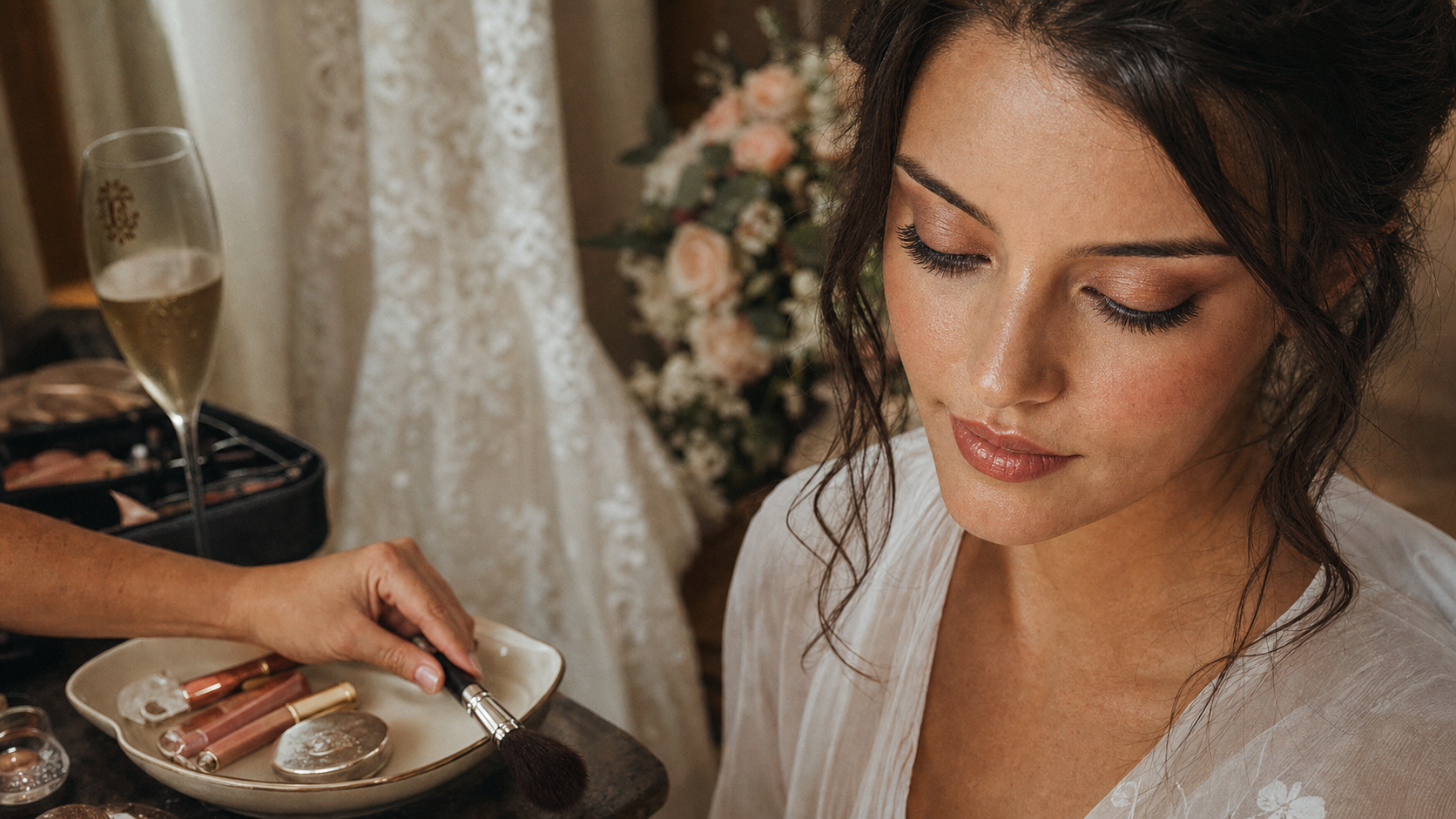 Maquillage pour mariée brune : teint lumineux cuivre, pinceau et palette