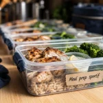 Meal prep sportif : boîtes de repas prêts avec poulet, riz et brocoli