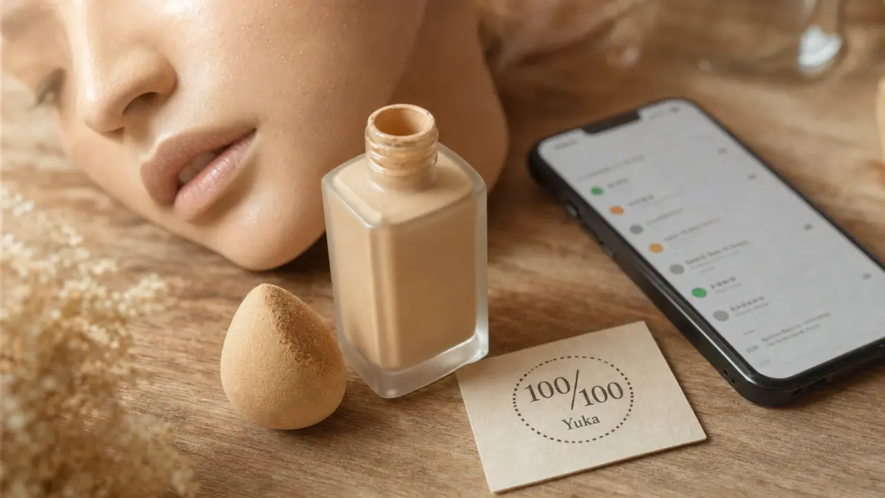 Meilleur fond de teint yuka : fond de teint nude 100/100 Yuka sur table bois clair