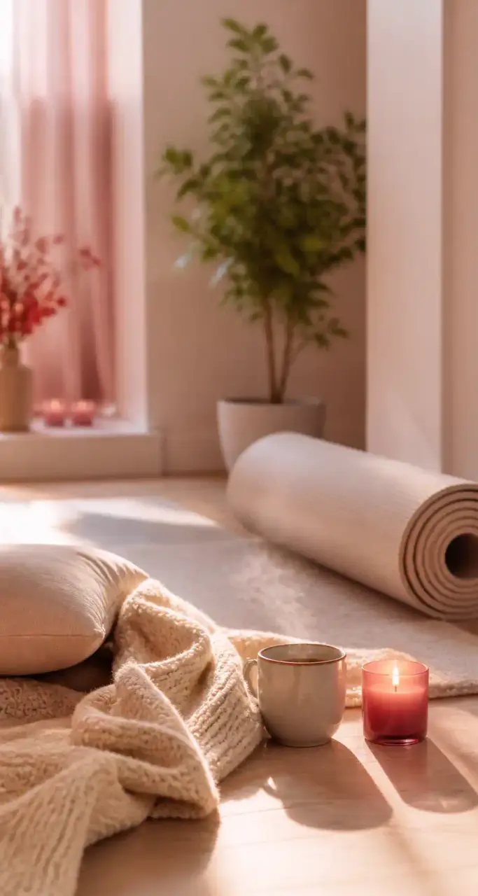 Coin de relaxation avec tapis, plaid et bougie dans une lumière douce