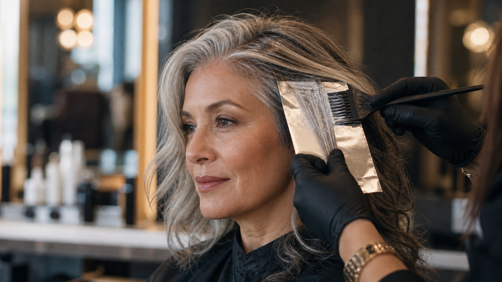 Quel balayage sur cheveux blancs : balayage argenté sans démarcation en salon