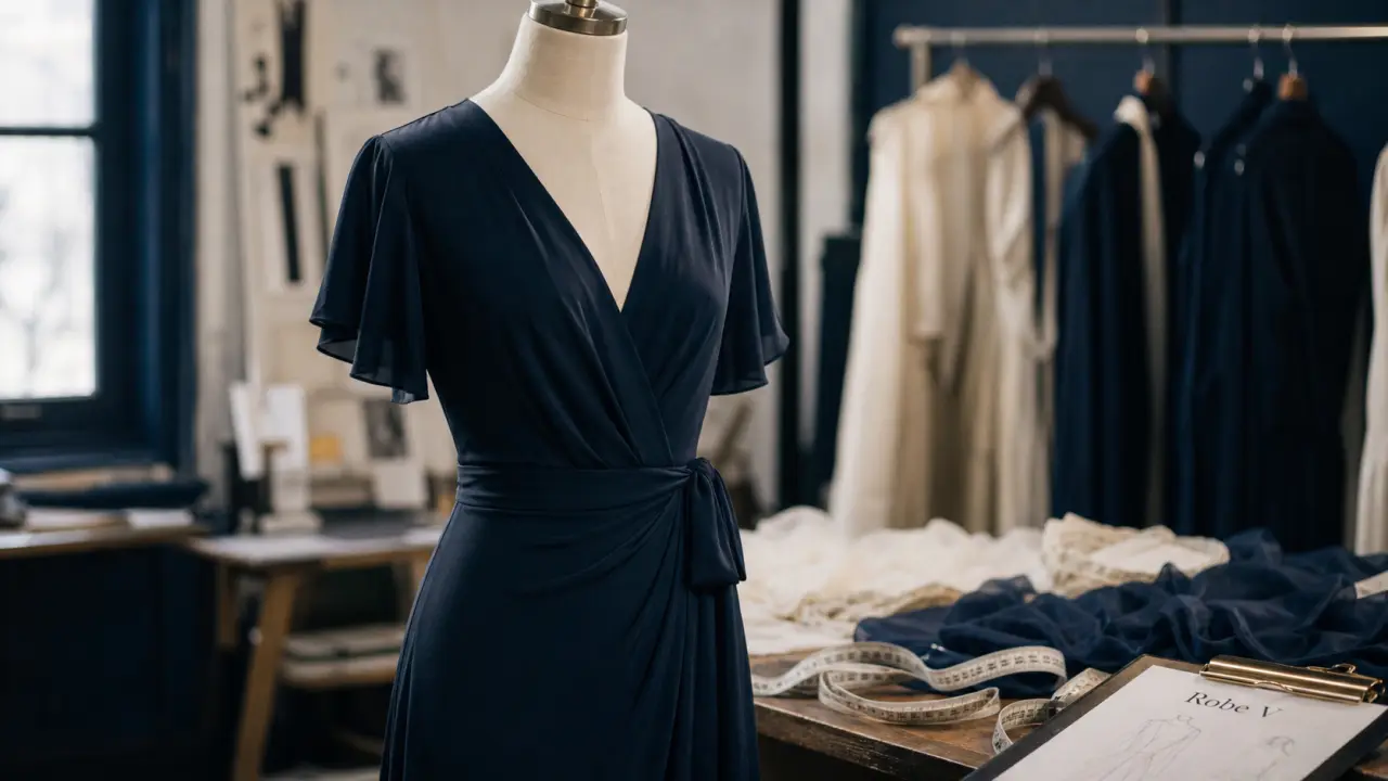 Robe portefeuille pour robes fortes poitrines, décolleté V, taille marquée