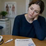 Stress vertige : femme anxieuse, main sur la nuque, cabinet médical