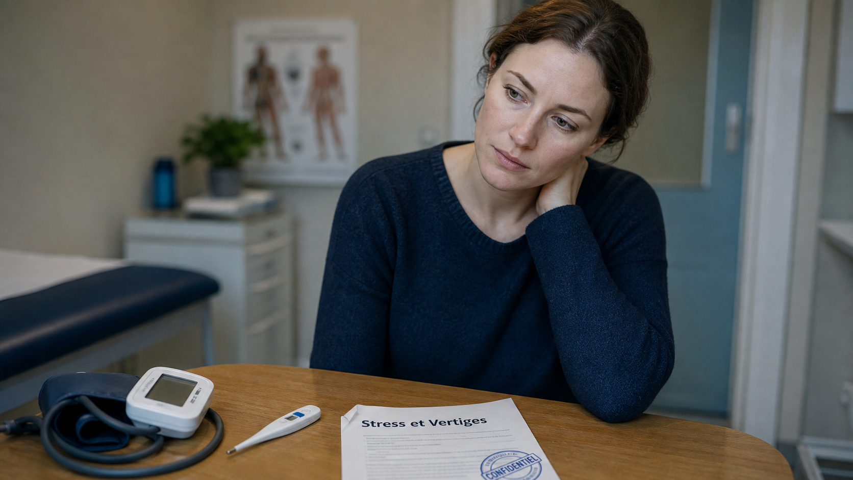 Stress vertige : femme anxieuse, main sur la nuque, cabinet médical
