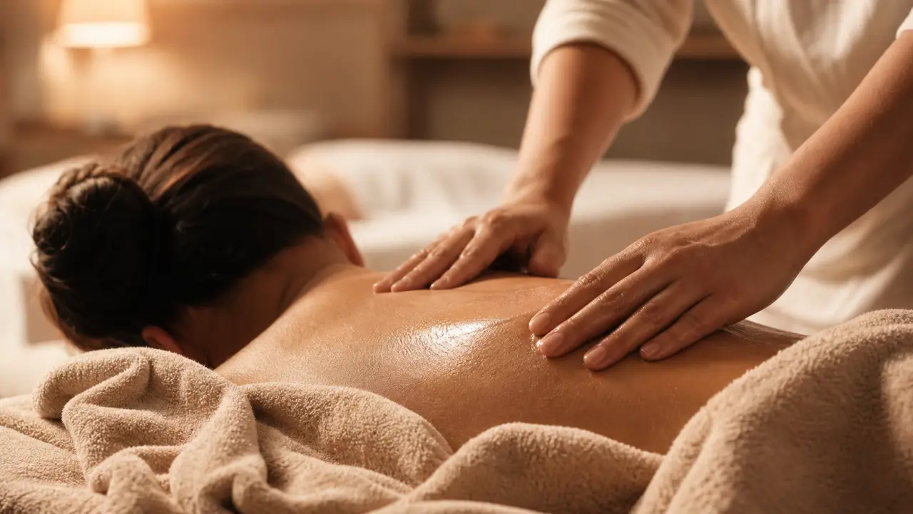 Technique de massage pour le dos avec huile chaude : mains sur le haut du dos
