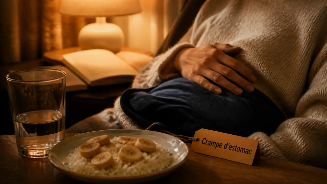 Crampe estomac que faire : main sur abdomen, bouillotte tiède, eau et riz banane