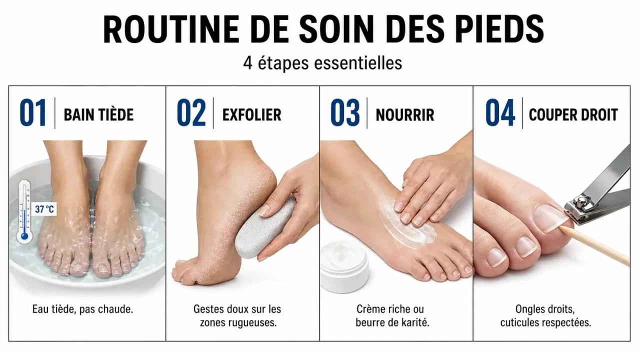 Comment avoir de beaux pieds : routine en 4 étapes avec bain tiède, gommage, hydratation et coupe des ongles