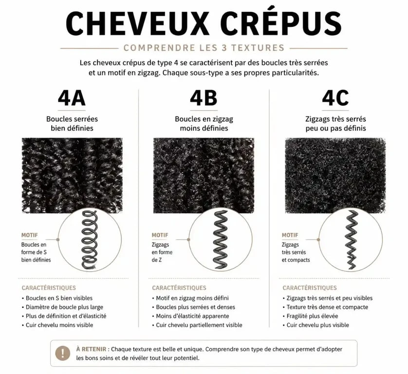 Classification des textures de cheveux crépus 4A, 4B et 4C