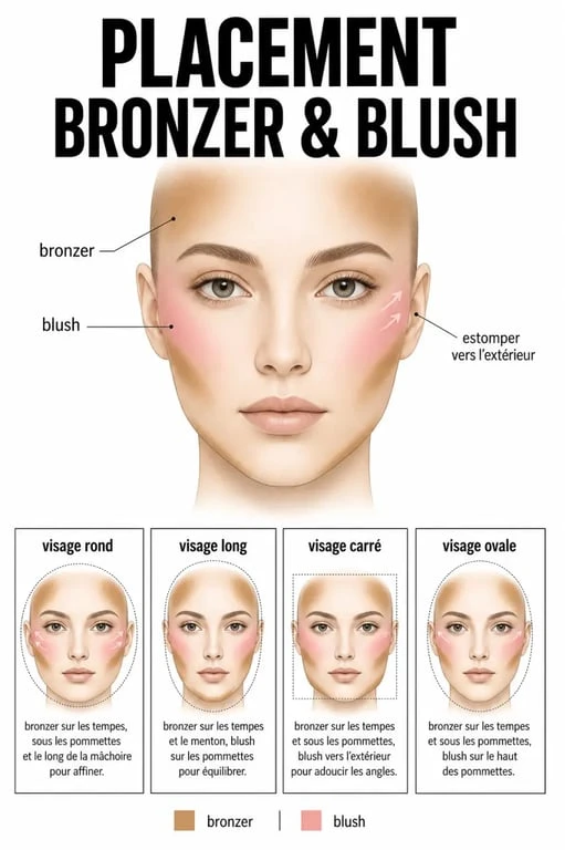 Appliquer bronzer et blush sur un visage avec les zones clés et les adaptations selon la morphologie