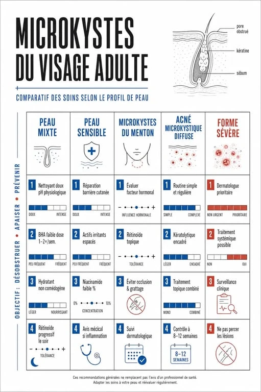 Infographie sur le traitement microkyste visage adulte selon le type de peau