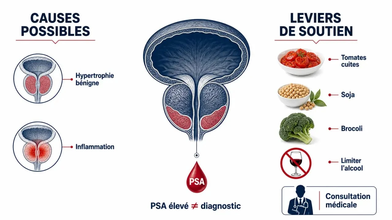 Comment faire baisser le taux de PSA : schéma éditorial montrant la prostate, les causes possibles et les leviers alimentaires