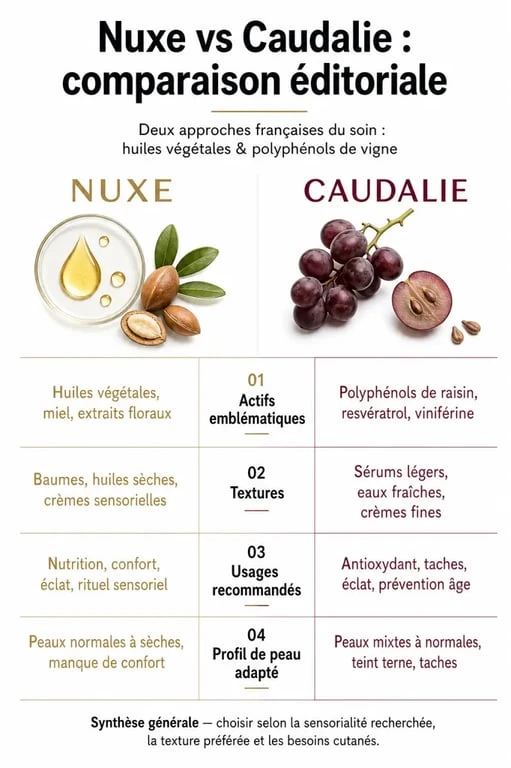 Que choisir nuxe ou caudalie : infographie comparative des actifs, textures et types de peau