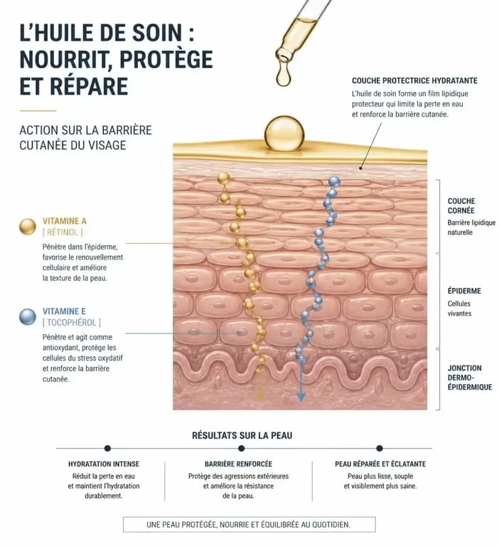 Schéma explicatif de l'action de Bi-Oil sur la barrière lipidique du visage pour atténuer les rides