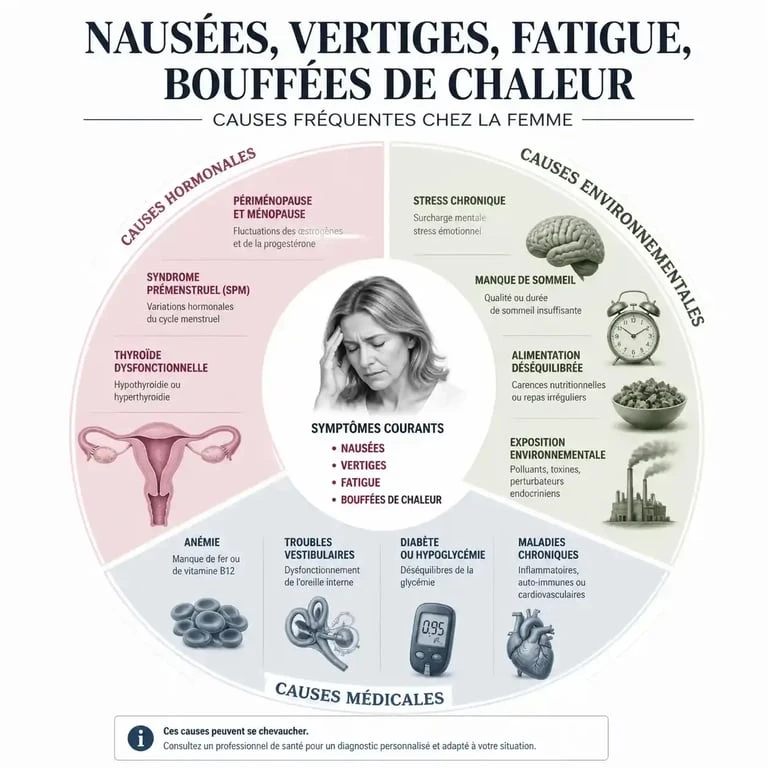 Infographie des causes possibles de nausée, vertige, fatigue et bouffée de chaleur chez la femme