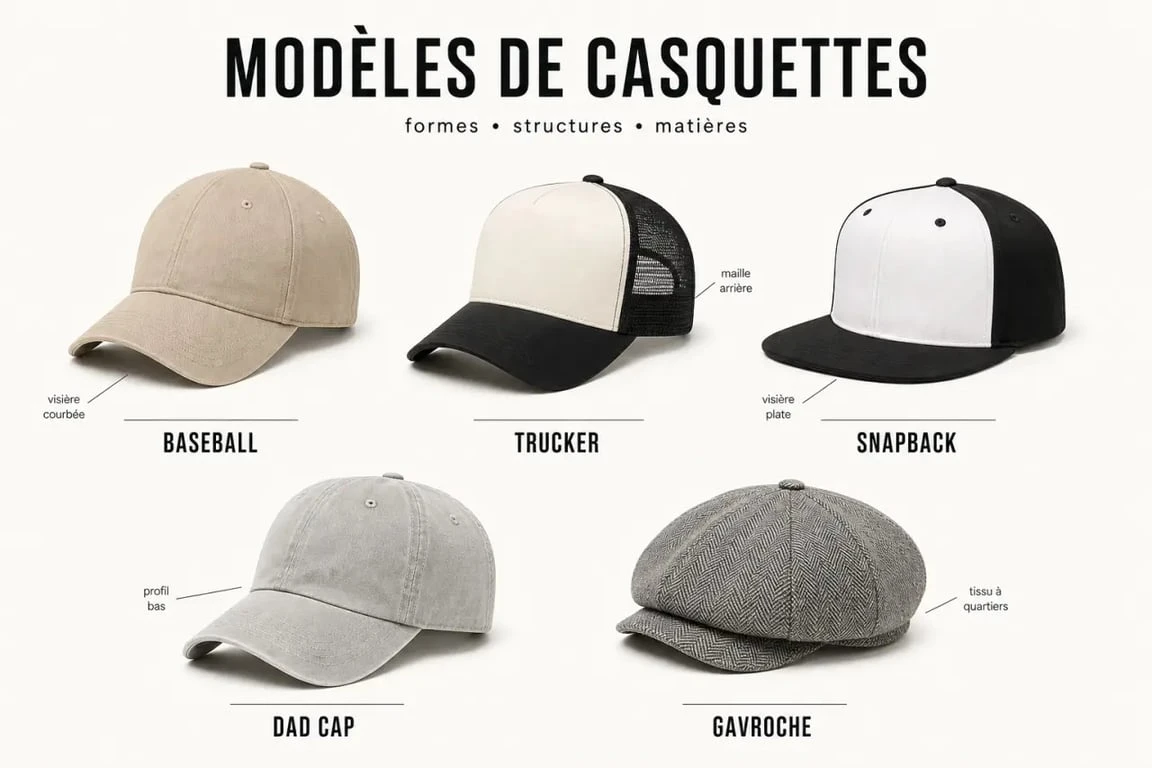 Casquette du moment : planche comparative des modèles tendance baseball, trucker, snapback, dad cap et gavroche