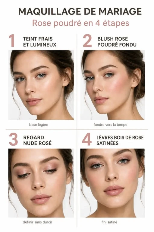 Maquillage mariage rose poudré en étapes pour un rendu doux et lumineux