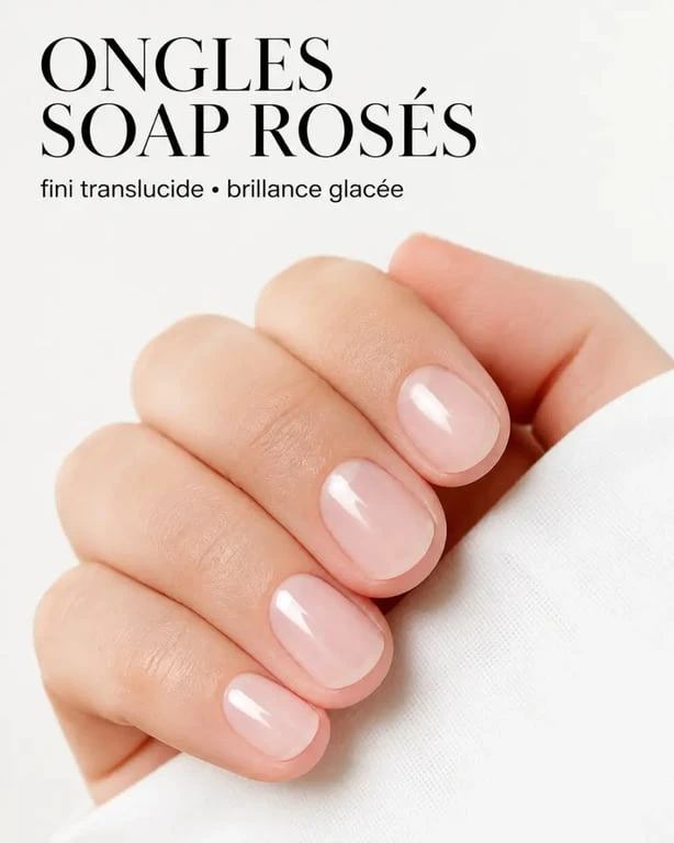 Ongles 2026 tendance : gros plan sur des soap nails rosés courts et brillants