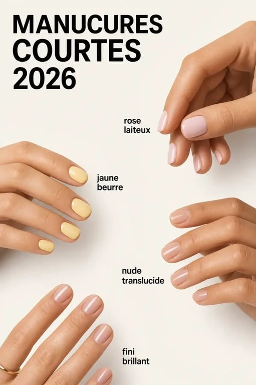 Ongles 2026 tendance : sélection éditoriale de manucures courtes brillantes en rose laiteux, butter yellow et nude translucide