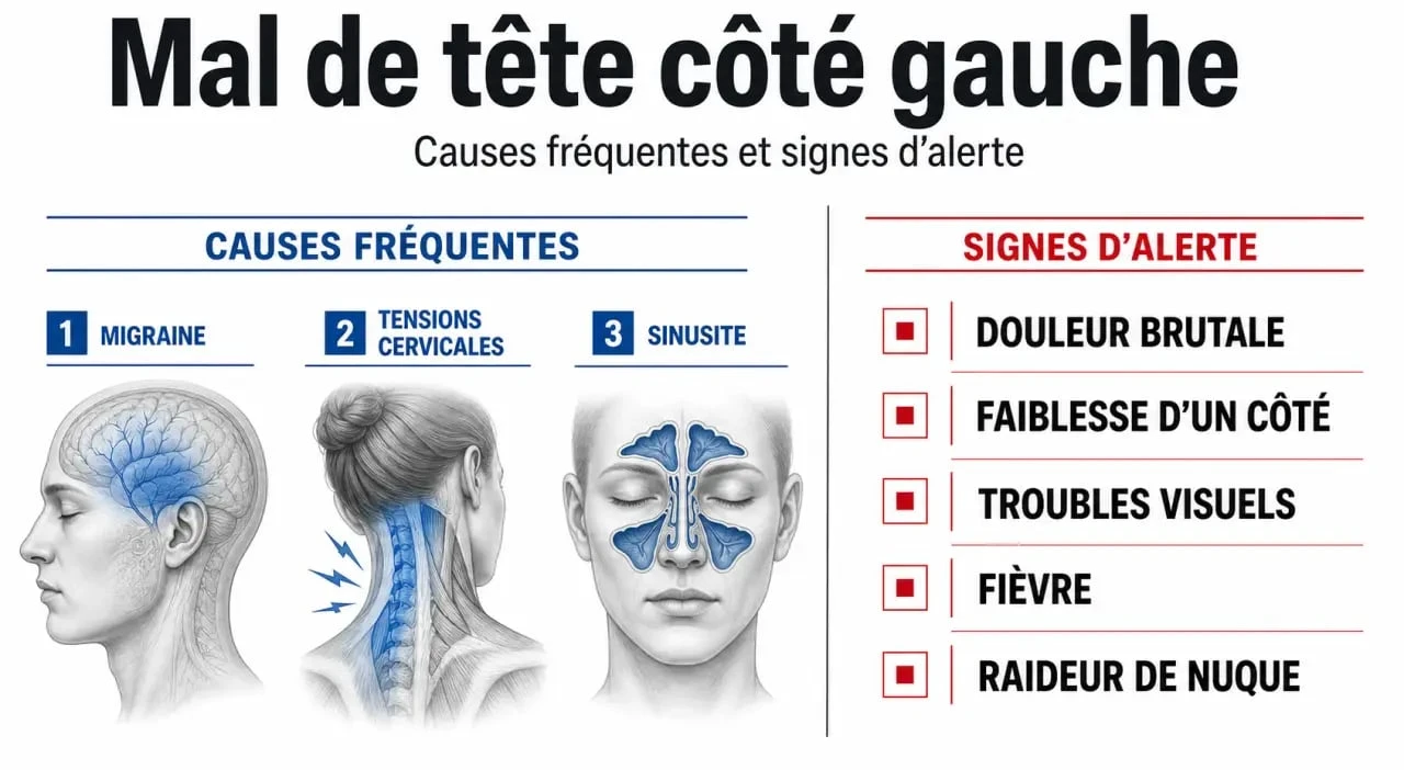 Mal de tête côté gauche signification : causes fréquentes et signes d’alerte