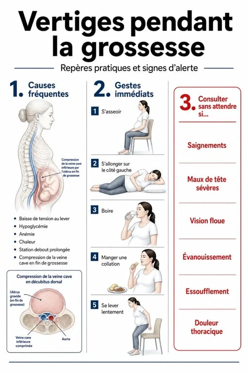 Femme enceinte et vertige : causes fréquentes, gestes à faire et signes d’alerte
