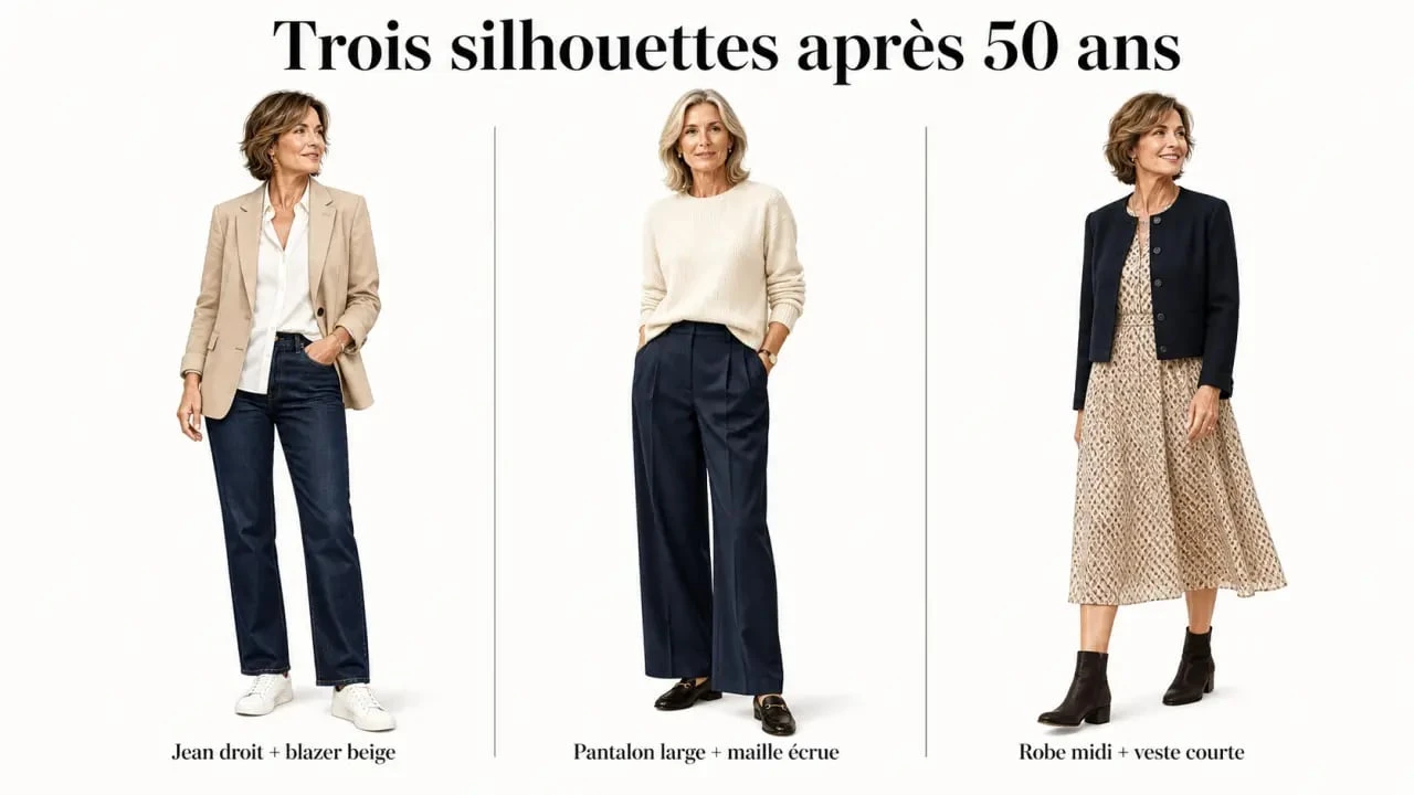 Mode 2026 femme 50 ans : trois looks élégants et faciles à porter en composition éditoriale