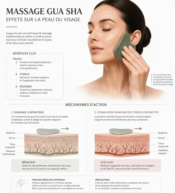 Infographie explicative des bienfaits du gua sha sur la peau du visage et le drainage lymphatique