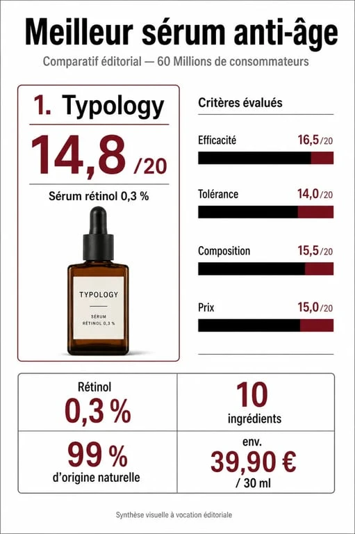 Meilleur sérum anti-âge 60 millions de consommateurs : infographie comparative avec Typology en tête et ses critères clés