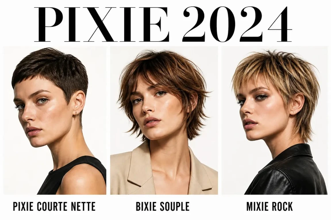 Variantes de coupe pixie 2024 en triptyque éditorial