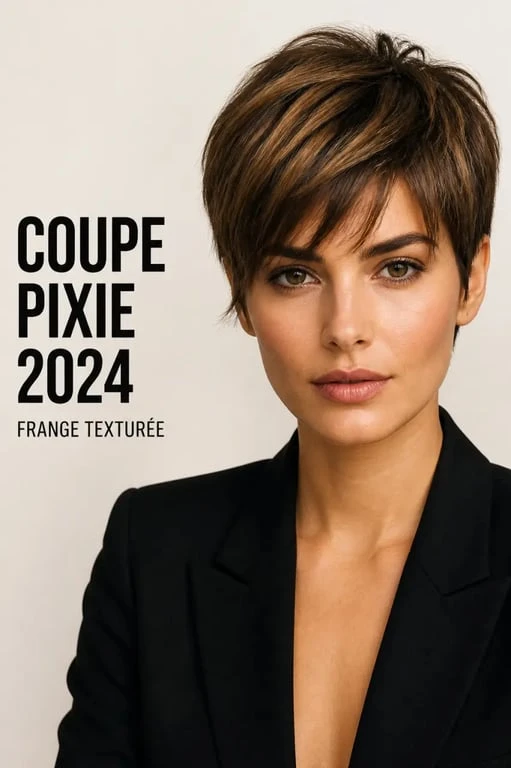 Coupe pixie 2024 longue avec frange texturée sur portrait éditorial