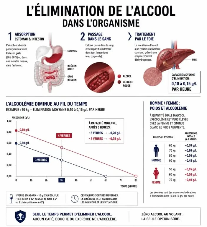Combien de temps pour éliminer l’alcool : frise visuelle du passage dans le sang et du délai d’élimination