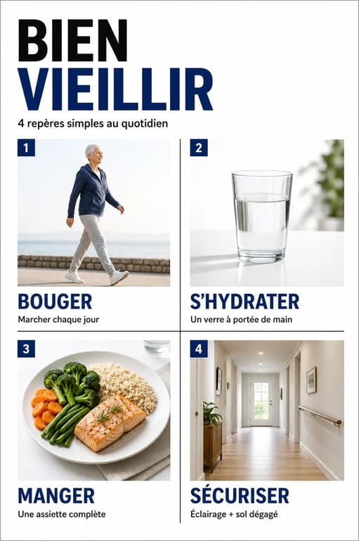 Vieillir en meilleure santé : les habitudes simples pour préserver son équilibre au quotidien, visuel sur l’alimentation, l’hydratation, l’activité physique et la prévention des chutes