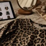 Haut femme leopard sur tissu beige, vue studio